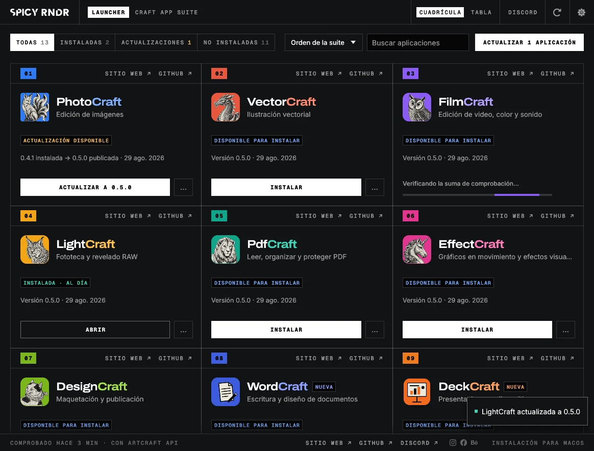 Spicy Suite abierta: una tarjeta por programa con su ícono, su estado y el botón para instalar, actualizar o abrir.